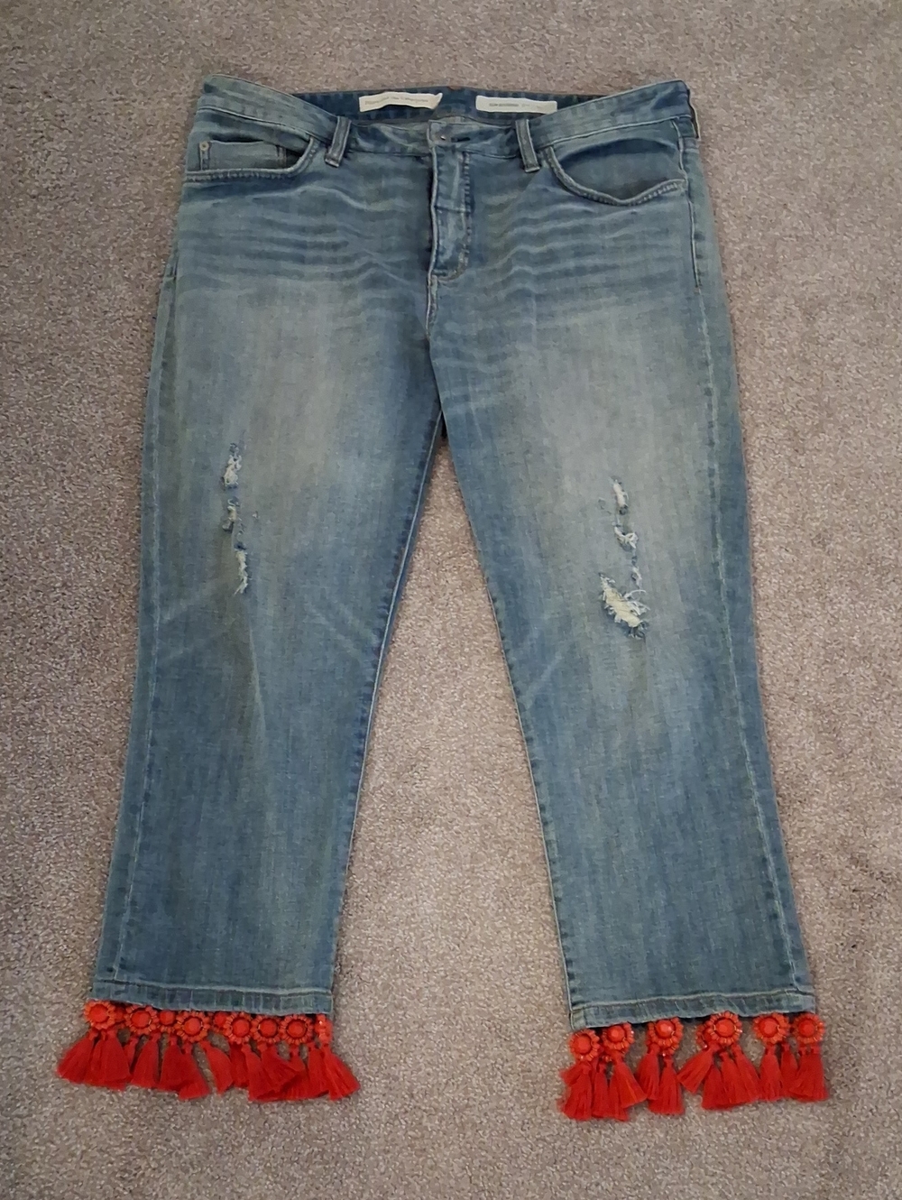 Pilcro and the Letterpress Slim Blue Boyfriend Cropped Jeans  Red Tassel Hem 32